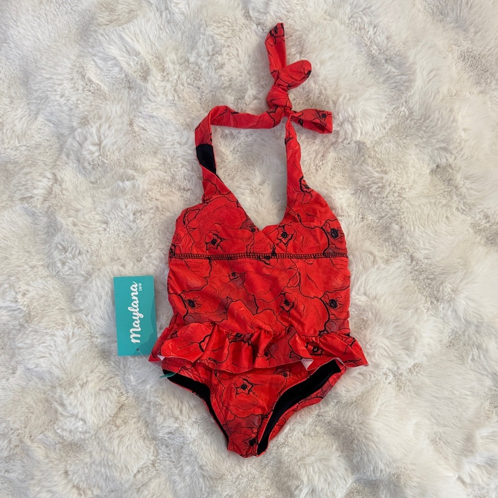 Red Floral Kids One Piece Swimsuit